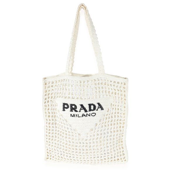 Prada White Raffia Crochet Triangle Logo Tote - Picture 1 of 6